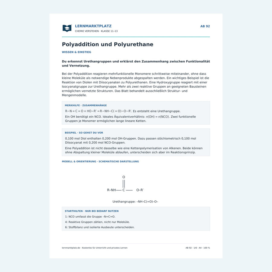 Polyaddition und Polyurethane – Vorschau des Chemie-Arbeitsblatts