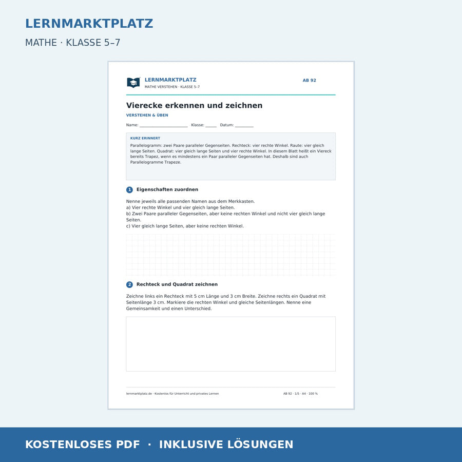 Vierecke erkennen und zeichnen – kostenloses Mathe-Arbeitsblatt mit Lösungen (PDF)