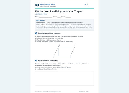 Flächen von Parallelogramm und Trapez – kostenloses Mathe-Arbeitsblatt mit Lösungen (PDF)