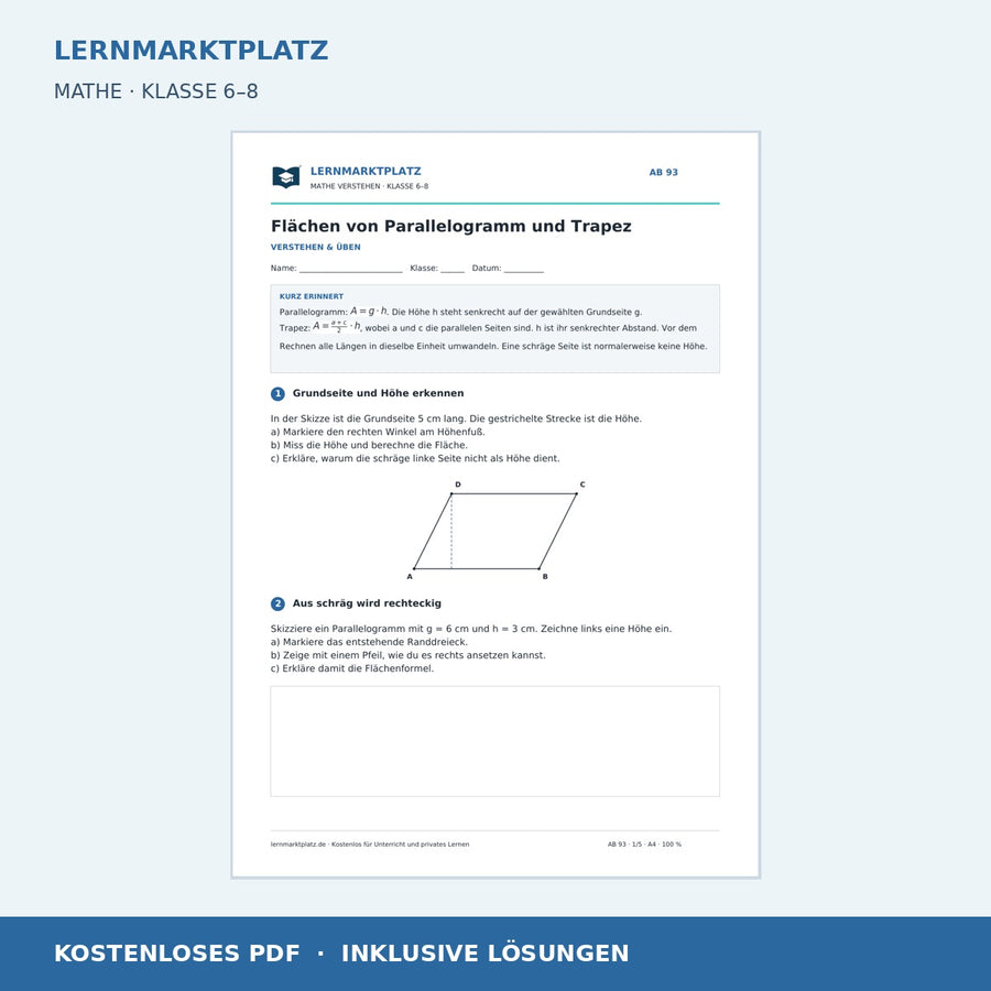 Flächen von Parallelogramm und Trapez – kostenloses Mathe-Arbeitsblatt mit Lösungen (PDF)