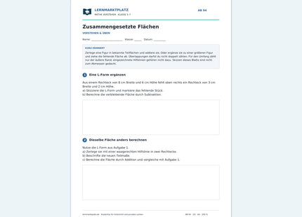 Zusammengesetzte Flächen – kostenloses Mathe-Arbeitsblatt mit Lösungen (PDF)