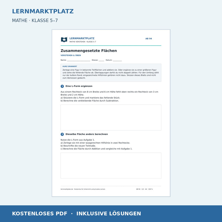 Zusammengesetzte Flächen – kostenloses Mathe-Arbeitsblatt mit Lösungen (PDF)