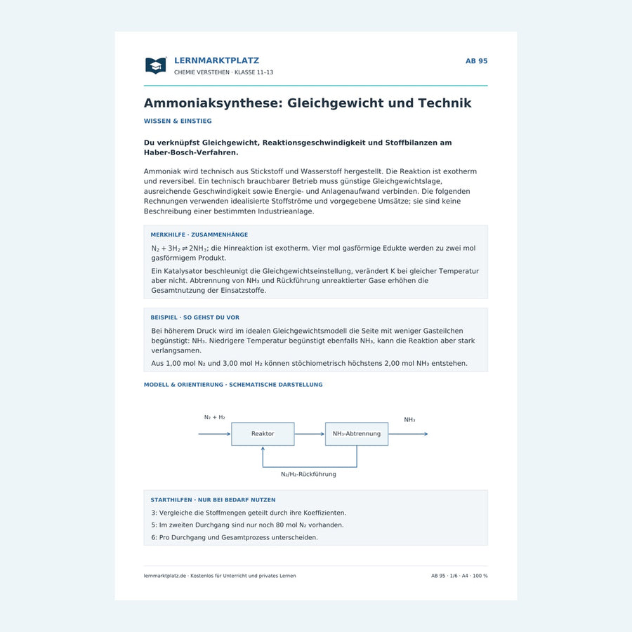 Ammoniaksynthese: Gleichgewicht und Technik – Vorschau des Chemie-Arbeitsblatts