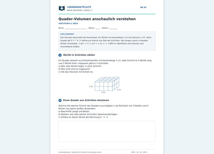 Quader-Volumen anschaulich verstehen – kostenloses Mathe-Arbeitsblatt mit Lösungen (PDF)