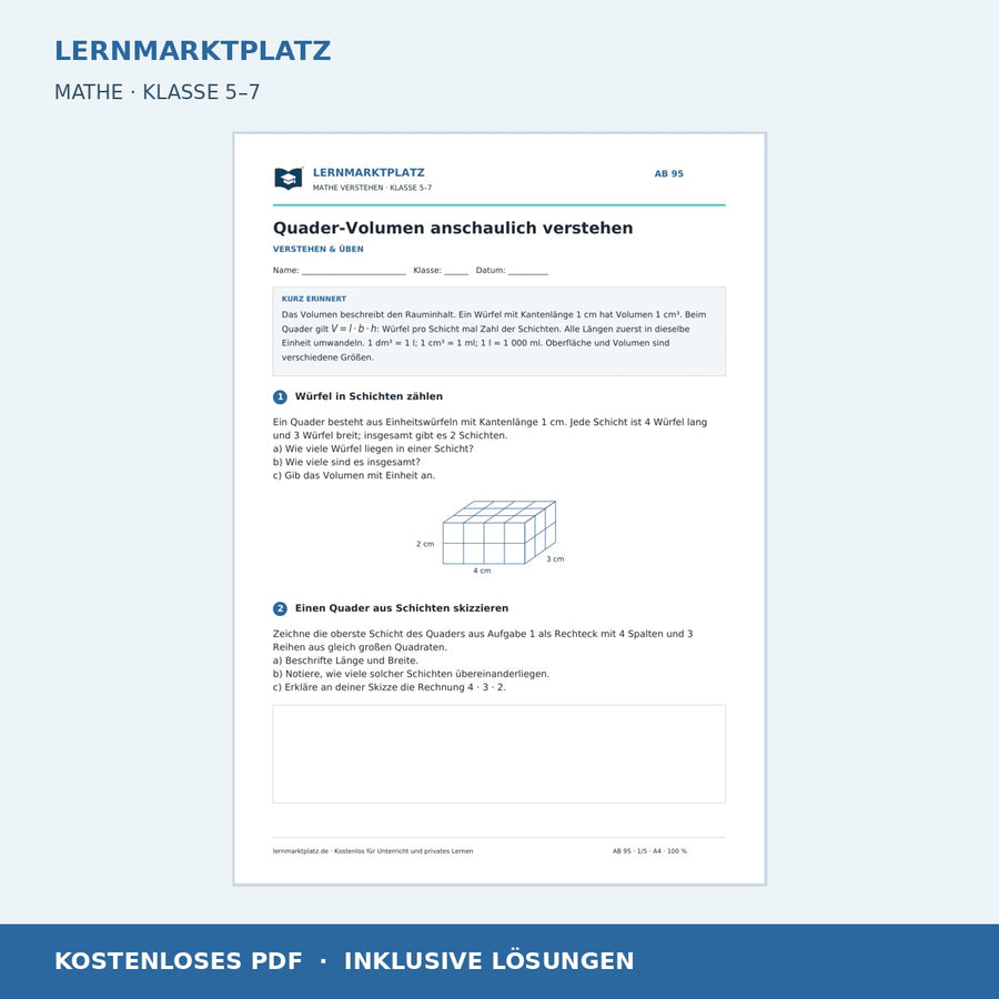 Quader-Volumen anschaulich verstehen – kostenloses Mathe-Arbeitsblatt mit Lösungen (PDF)