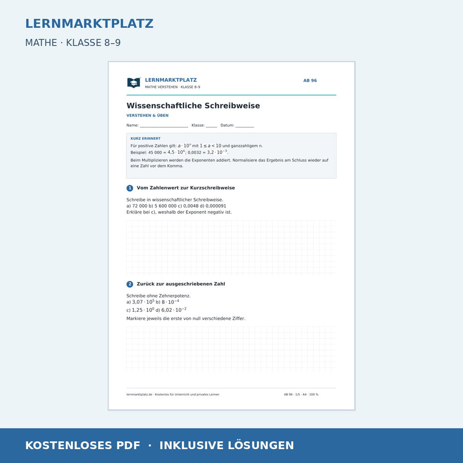 Wissenschaftliche Schreibweise – kostenloses Mathe-Arbeitsblatt mit Lösungen (PDF)