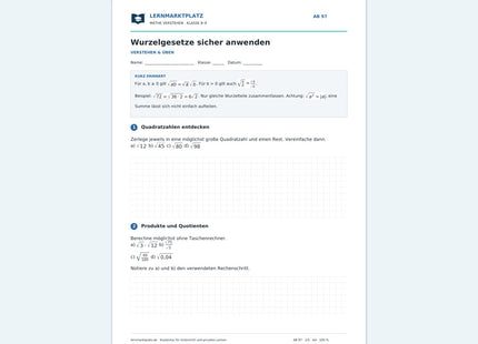 Wurzelgesetze sicher anwenden – kostenloses Mathe-Arbeitsblatt mit Lösungen (PDF)