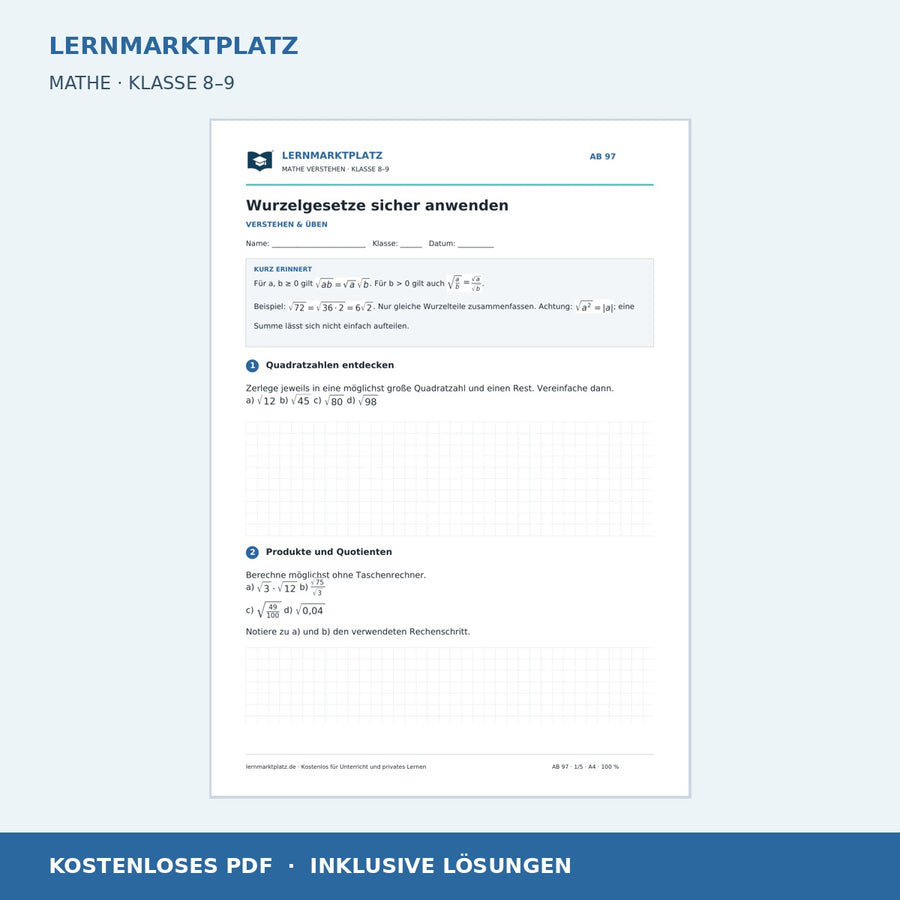Wurzelgesetze sicher anwenden – kostenloses Mathe-Arbeitsblatt mit Lösungen (PDF)