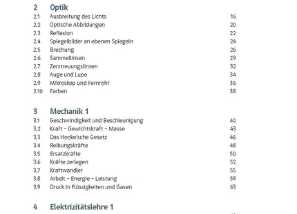 Original-Inhaltsverzeichnis: Klett KomplettTrainer Physik 2026, erster Teil