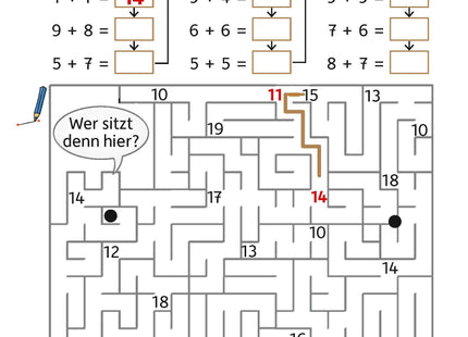 Hauschka Rechnen 1. Klasse – Mein Übungsheft mit Lösungen – Beispielseite: Plusaufgaben mit Zehnerübergang