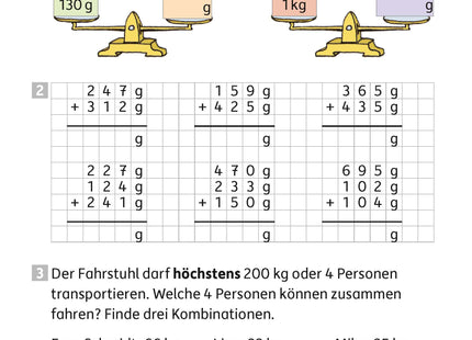 Hauschka Rechnen 3. Klasse – Mein Übungsheft mit Lösungen – Beispielseite: Rechnen mit Gewichten