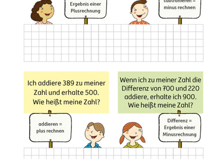 Hauschka Rechnen 4. Klasse – Mein Übungsheft mit Lösungen – Beispielseite: Textaufgaben zu Addition und Subtraktion