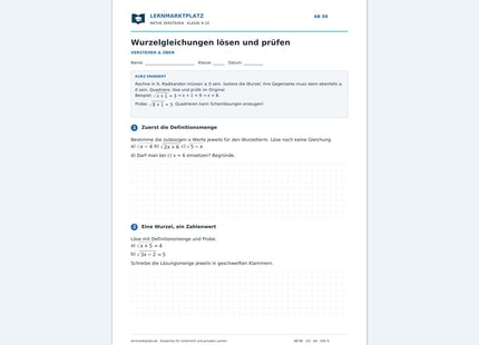 Wurzelgleichungen lösen und prüfen – kostenloses Mathe-Arbeitsblatt mit Lösungen (PDF)