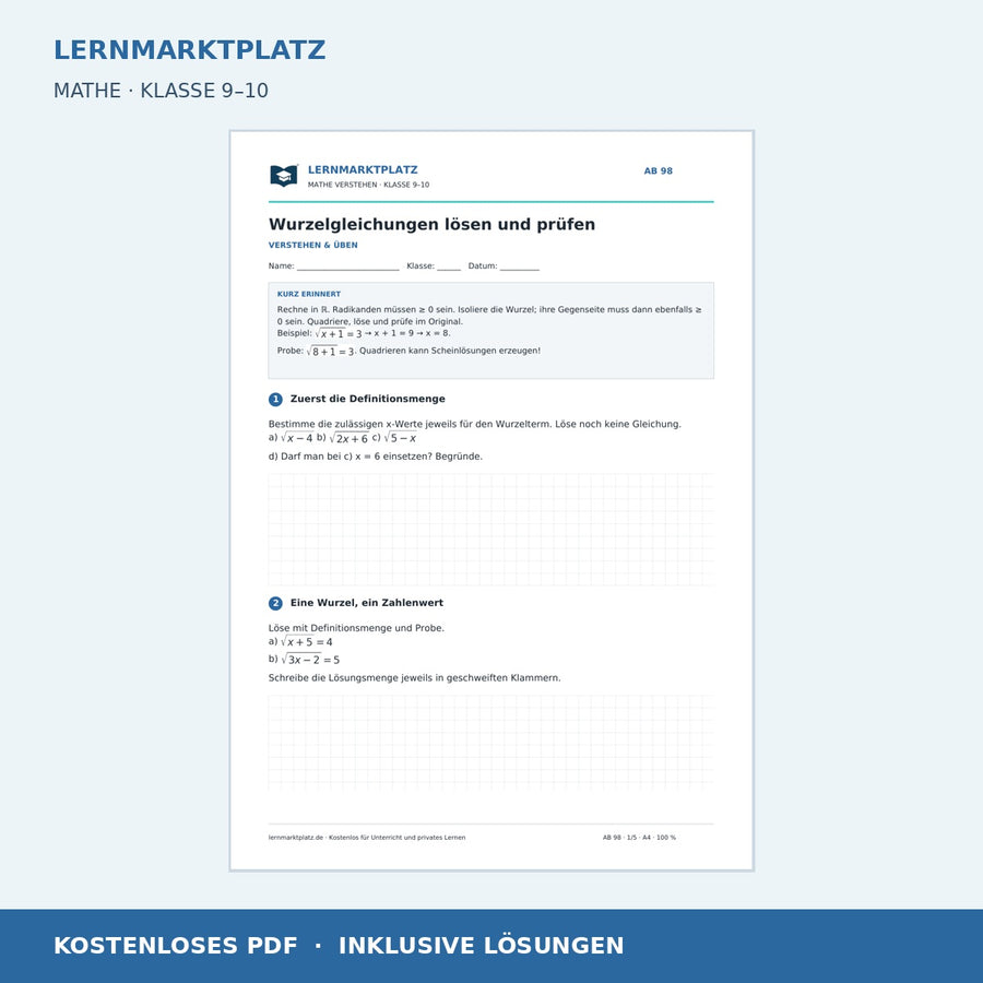 Wurzelgleichungen lösen und prüfen – kostenloses Mathe-Arbeitsblatt mit Lösungen (PDF)