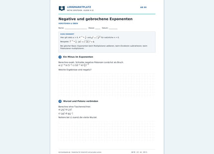Negative und gebrochene Exponenten – kostenloses Mathe-Arbeitsblatt mit Lösungen (PDF)