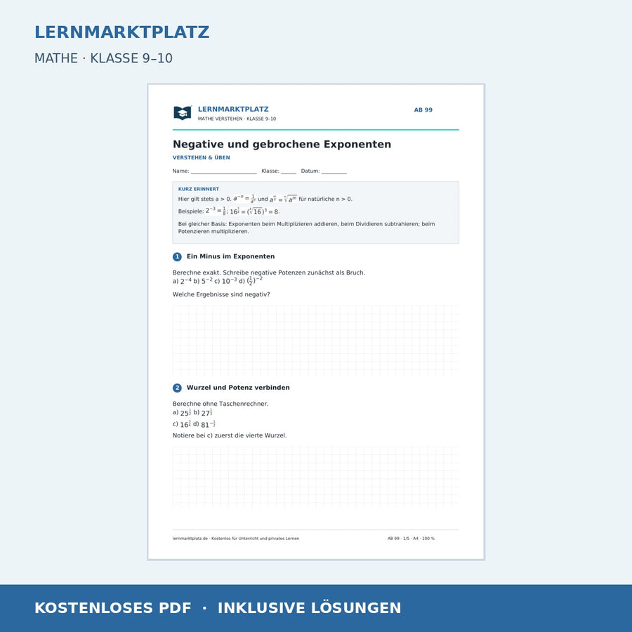 Negative und gebrochene Exponenten – kostenloses Mathe-Arbeitsblatt mit Lösungen (PDF)