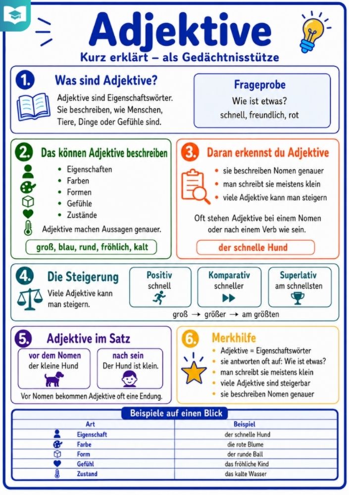 Adjektive – Deutsch-Lernkarte (kostenloses PDF)