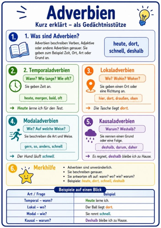 Adverbien – Deutsch-Lernkarte (kostenloses PDF)