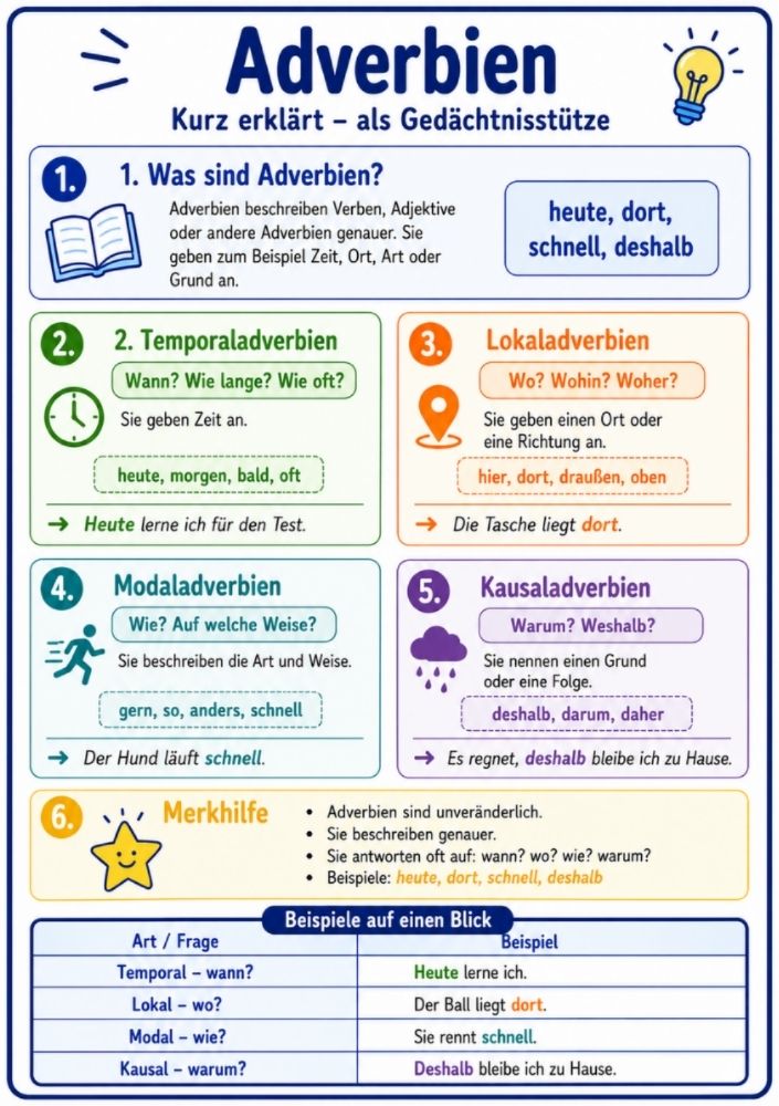 Adverbien – Deutsch-Lernkarte (kostenloses PDF)
