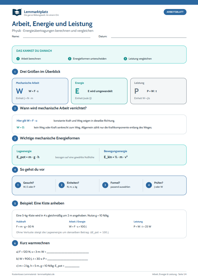 Arbeit, Energie und Leistung – kostenloses Physik-Arbeitsblatt mit Lösungen (PDF)