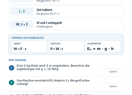 Arbeit, Energie und Leistung – Physik-Lernkarte (kostenloses PDF)