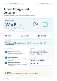 Arbeit, Energie und Leistung – Physik-Lernkarte (kostenloses PDF)