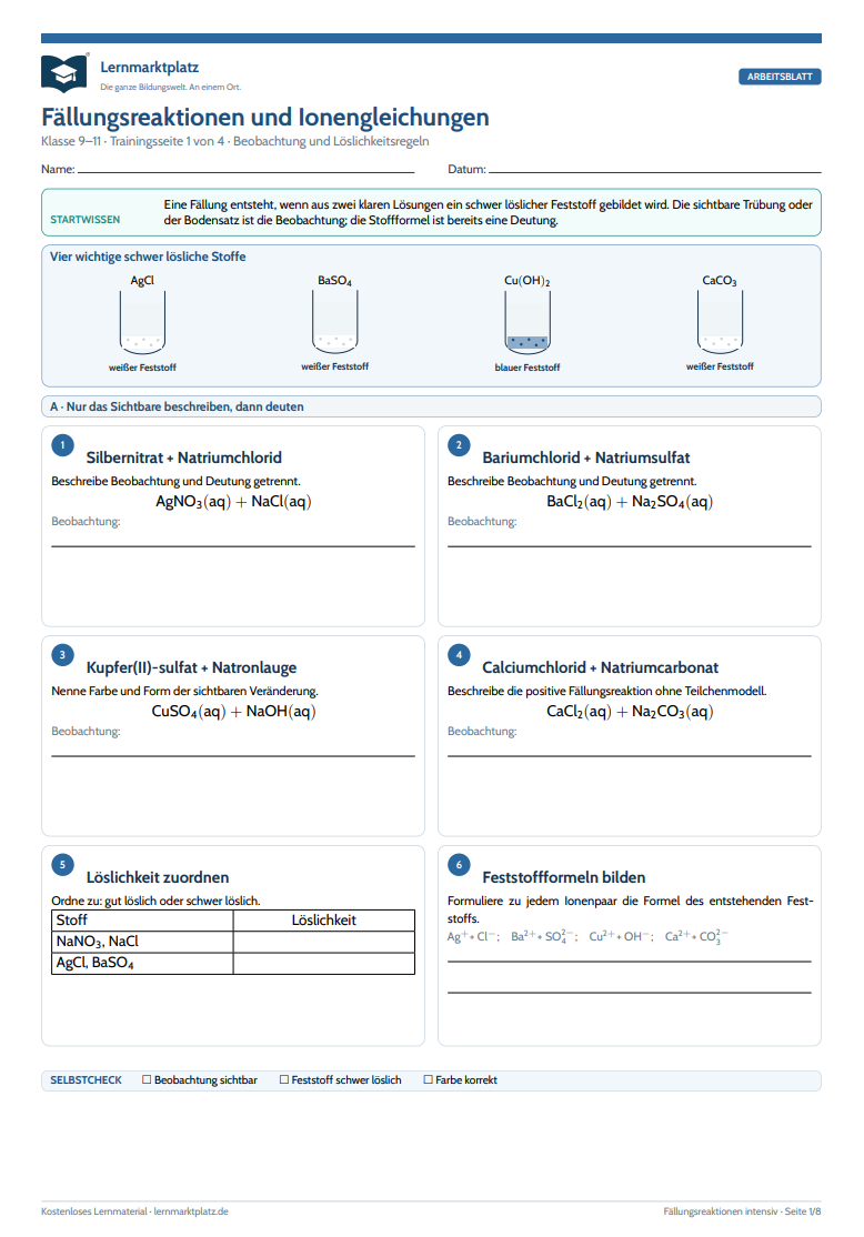 Fällungsreaktionen & Ionengleichungen – kostenloses Chemie-Arbeitsblatt mit Lösungen (PDF)