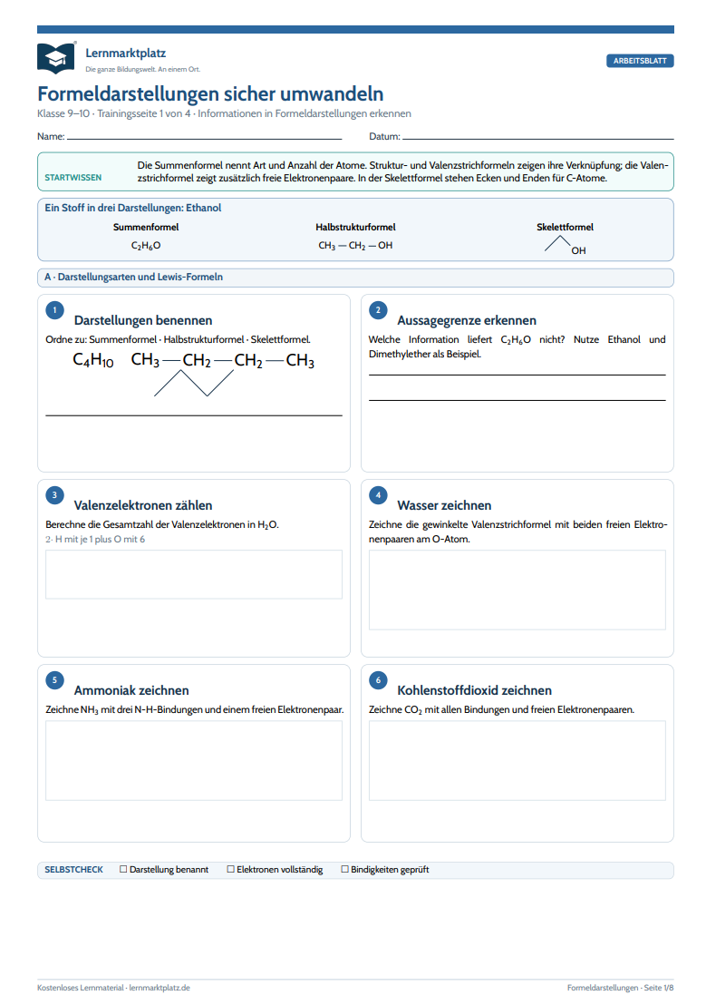 Formeldarstellungen sicher umwandeln – kostenloses Chemie-Arbeitsblatt mit Lösungen (PDF)
