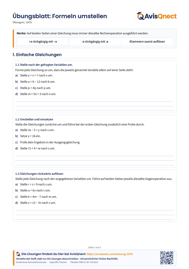 Formeln umstellen – Arbeitsblatt mit Gleichungen und Anwendungen
