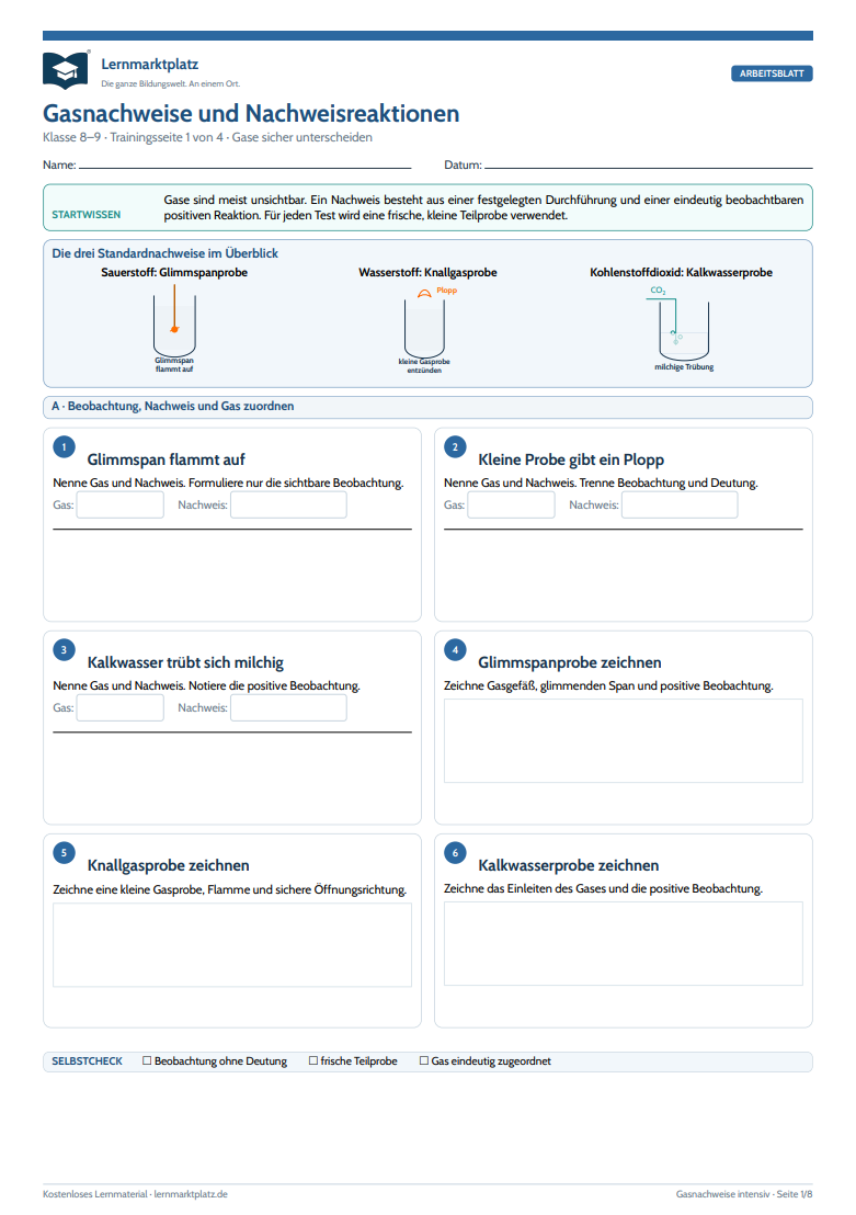 Gasnachweise & Nachweisreaktionen – kostenloses Chemie-Arbeitsblatt mit Lösungen (PDF)