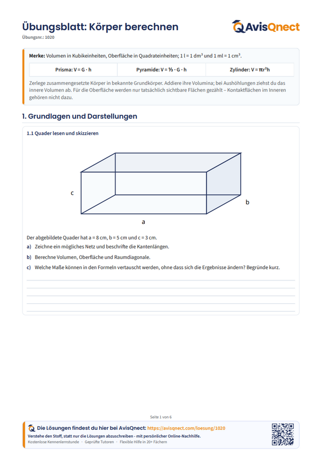 Körperberechnung – Arbeitsblatt zu Volumen und Oberfläche