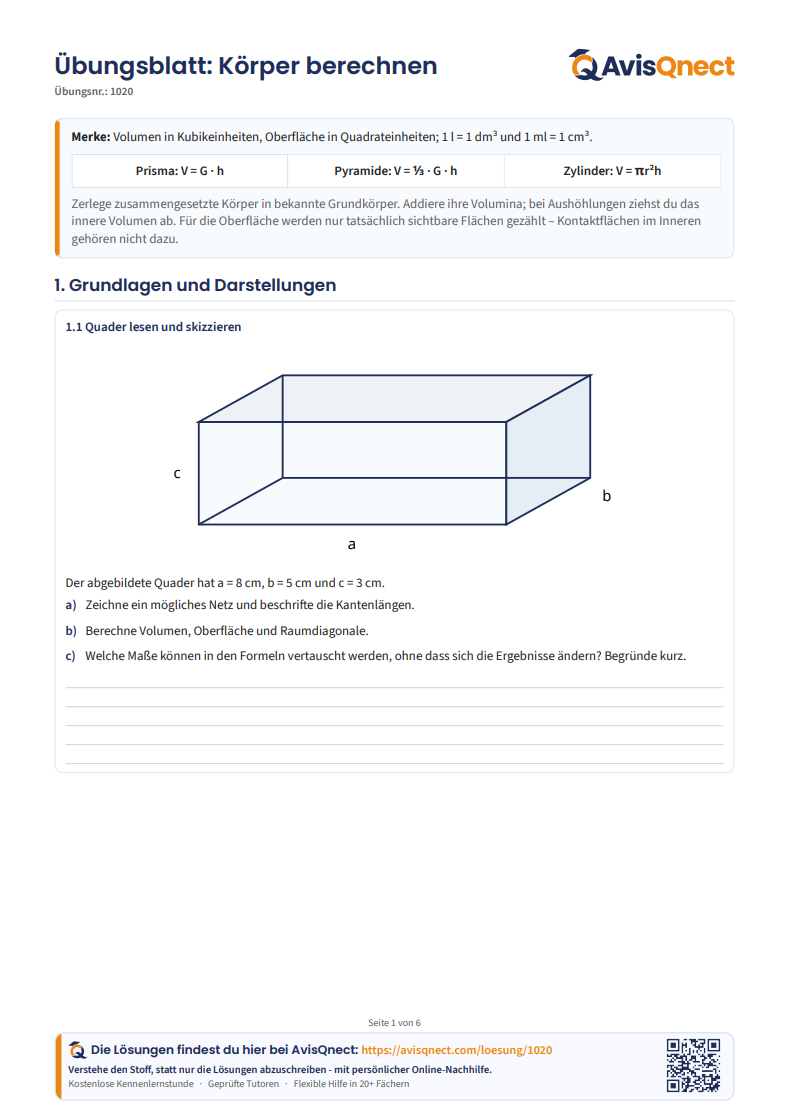 Körperberechnung – Arbeitsblatt zu Volumen und Oberfläche