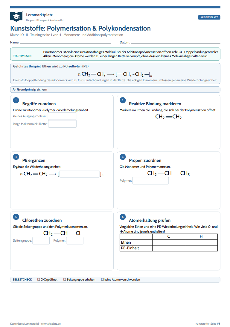 Kunststoffe: Polymerisation & Polykondensation – kostenloses Chemie-Arbeitsblatt mit Lösungen (PDF)
