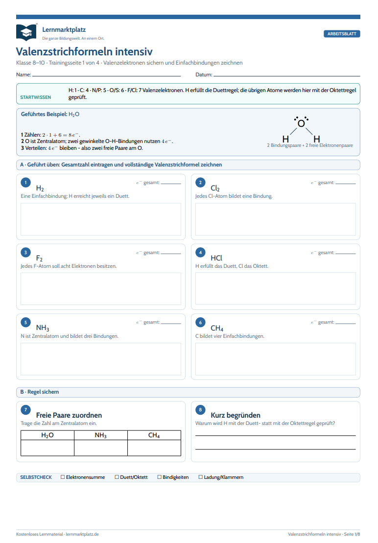 Valenzstrichformeln zeichnen intensiv üben – kostenloses Chemie-Arbeitsblatt mit Lösungen (PDF)