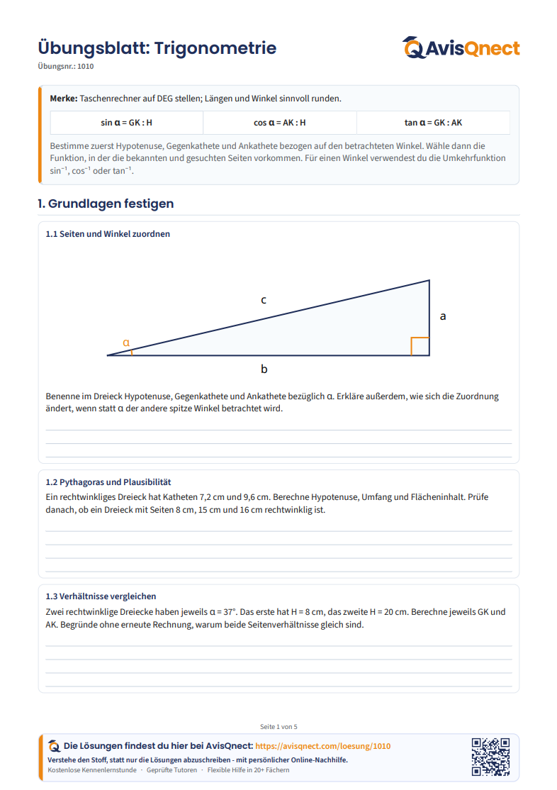 Trigonometrie – Arbeitsblatt zu Sinus, Kosinus und Tangens