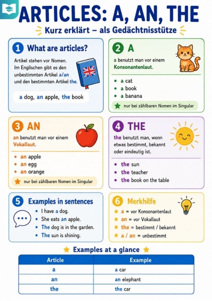 Articles: a, an, the – Englisch-Lernkarte (kostenloses PDF)