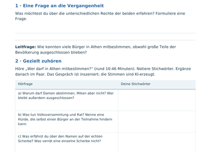 Hörblatt zum Podcast: Eine Werkstatt, verschiedene Rechte – Aufgaben für Klasse 5–6.