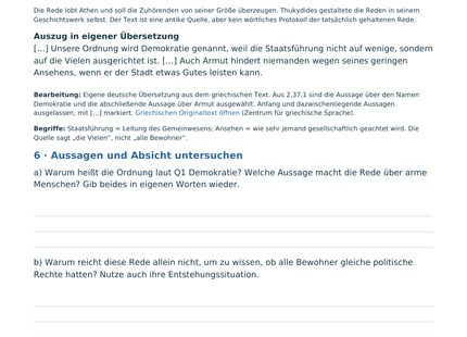 Quellenblatt: Thukydides über Athens Demokratie, mit Einordnung, Aufgaben und QR-Code.