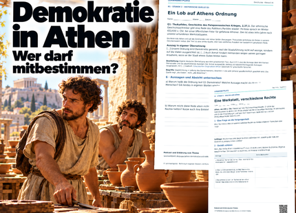 Athen: Demokratie mit Grenzen – Unterrichtseinheit für Klasse 5–6 mit PDF und PowerPoint. KI-Illustration zweier Töpfer und echte Materialvorschauen.