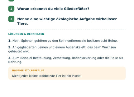 Biologie: Wirbellose Tiere – Selbstcheck mit Lösungen