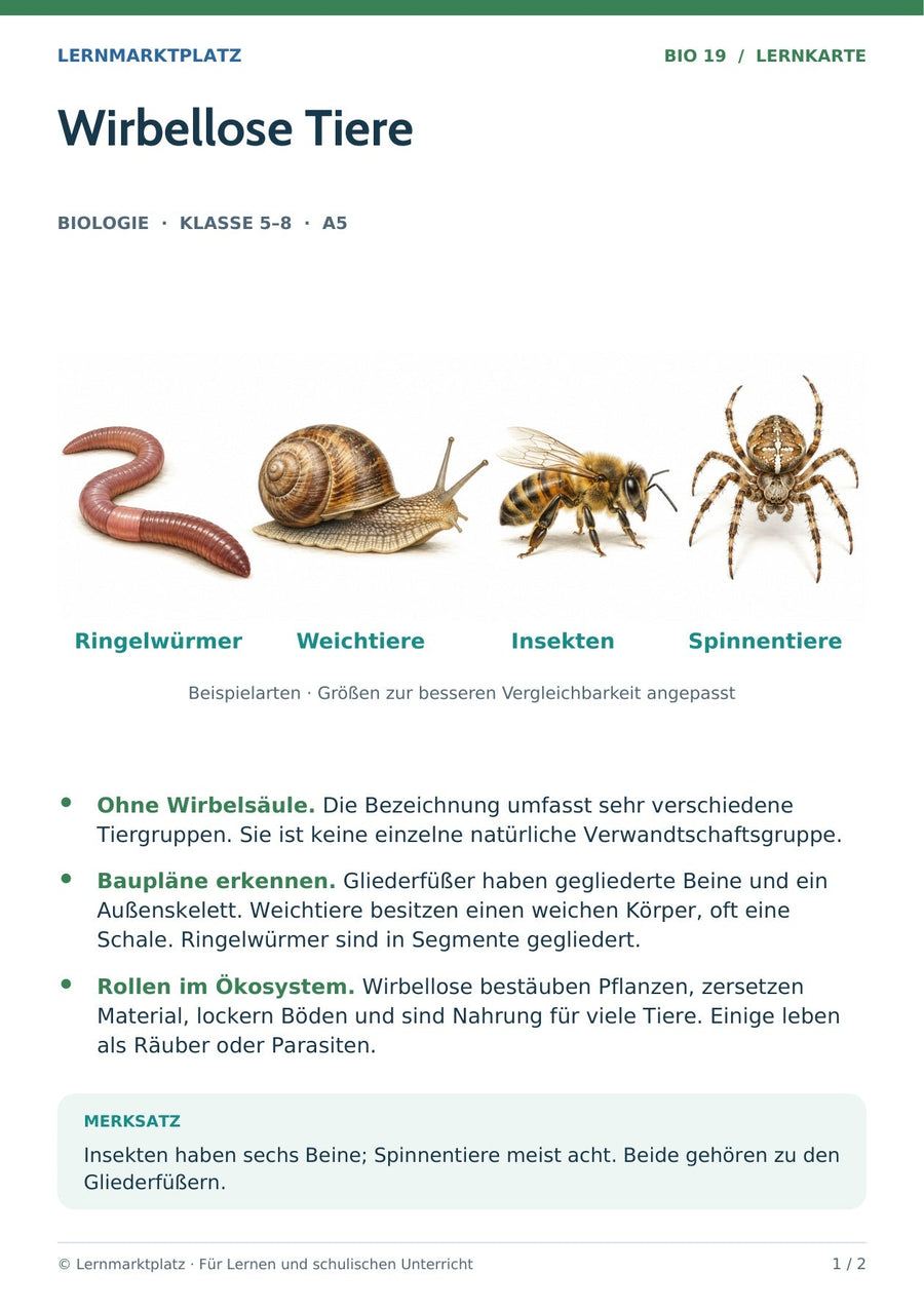 Biologie: Wirbellose Tiere – überarbeitete A5-Lernkarte