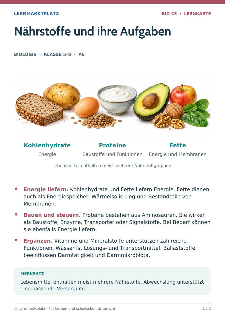 Biologie: Nährstoffe und ihre Aufgaben – überarbeitete A5-Lernkarte