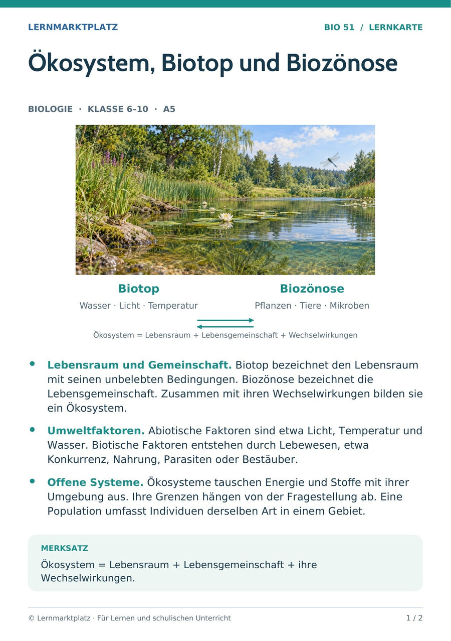 Biologie: Ökosystem, Biotop und Biozönose – überarbeitete A5-Lernkarte