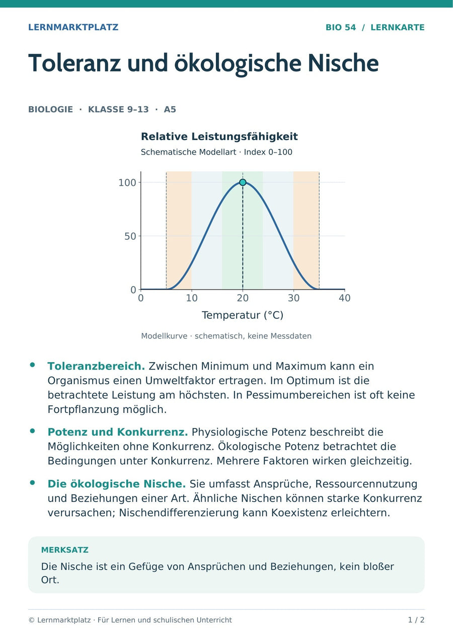 Biologie: Toleranz und ökologische Nische – überarbeitete A5-Lernkarte