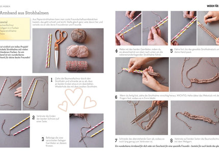 Weben für Kids – Kreative Projekte mit selbstgemachten Webrahmen – Beispieldoppelseite mit Schrittbildern für ein gewebtes Armband