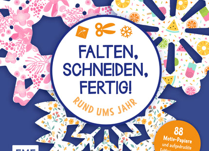 Falten, Schneiden, fertig! – Bastelblock rund ums Jahr – Originalcover mit bunten gefalteten Papiermotiven