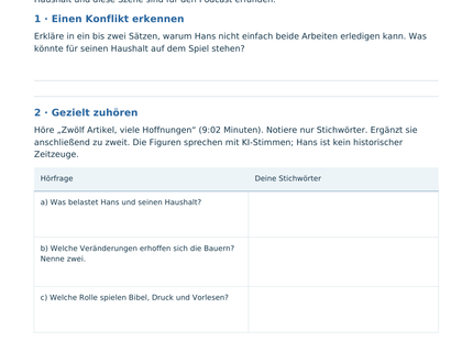 Originalvorschau A1: Hörblatt zum Podcast über den Bauernkrieg mit Konflikteinstieg, Hörauftrag und Schreibfeldern.
