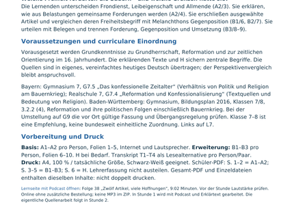 Originalvorschau der Lehrerfassung: Überblick, Lernziele und Vorbereitung für die Unterrichtseinheit Bauernkrieg 1525.
