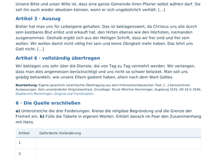 Originalvorschau B1: Die Zwölf Artikel mit drei historischen Quellenauszügen und Aufgaben zur Quellenarbeit.