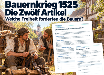 Bauernkrieg 1525 – Die Zwölf Artikel: Unterrichtseinheit für Klasse 7–8, 45–90 Minuten, mit Quellenarbeit, Arbeitsblättern und PowerPoint.